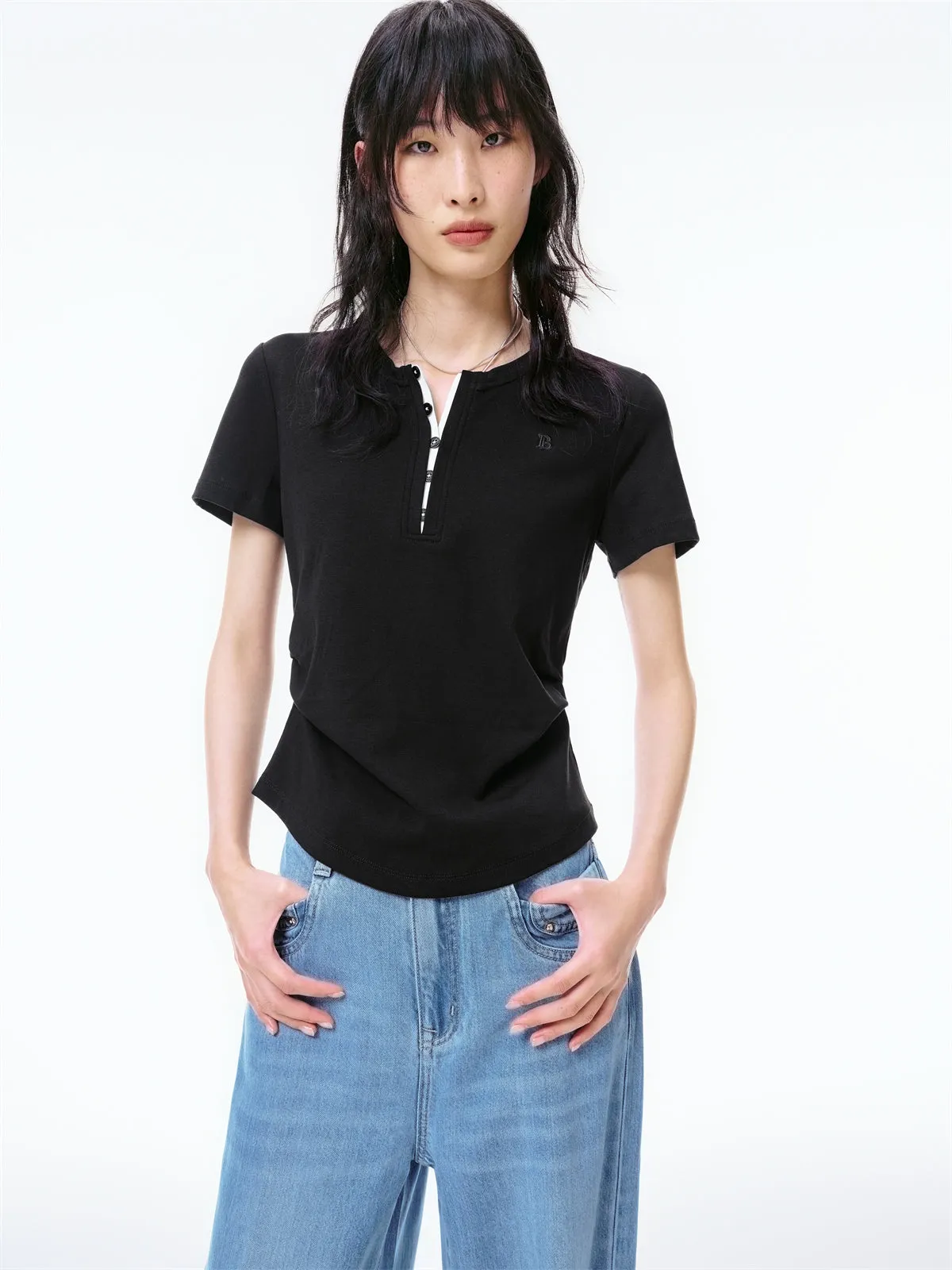 Women's Ruched Henley T-Shirt with Silk Blend sold by PEACEBIRD product image thumbnail 2