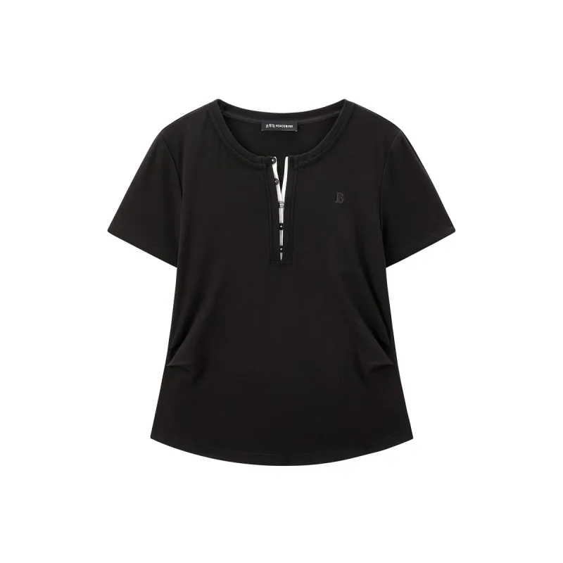 Women's Ruched Henley T-Shirt with Silk Blend sold by PEACEBIRD