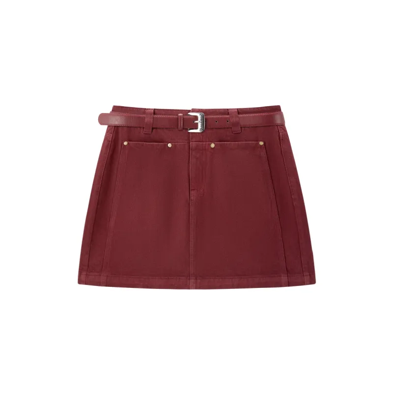 Women's Burgundy High-Waist A-Line Denim Skirt sold by PEACEBIRD