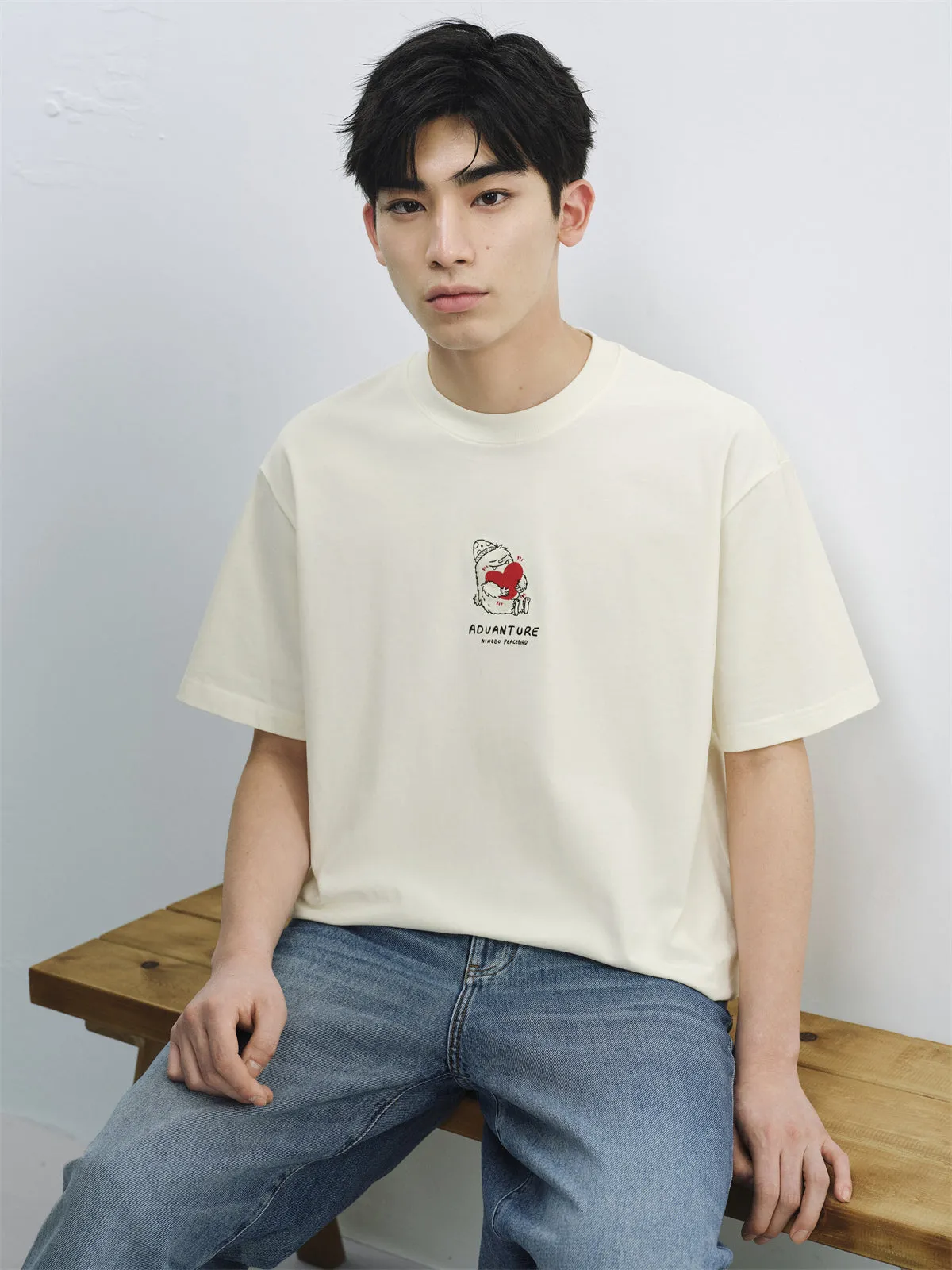 Men's White Cotton T-Shirt with Graphic Embroidery sold by PEACEBIRD product image thumbnail 2