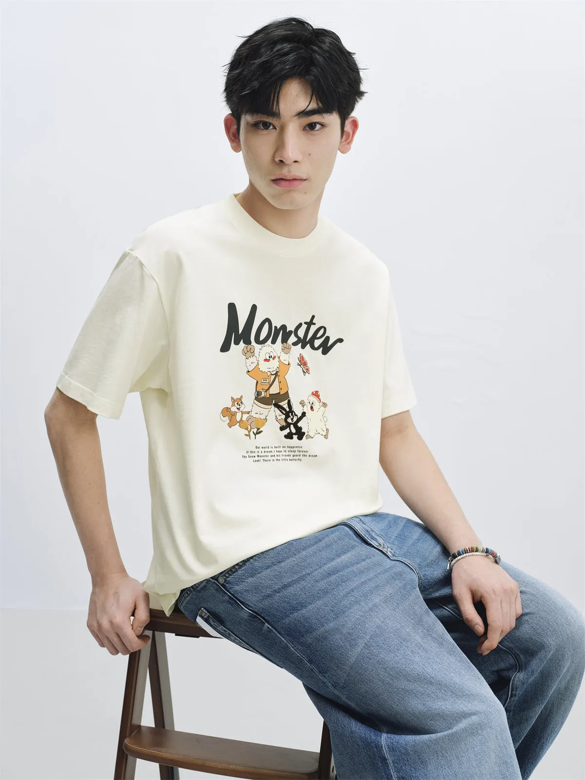 Men's Beige Graphic Print Embroidered T-Shirt sold by PEACEBIRD product image thumbnail 2