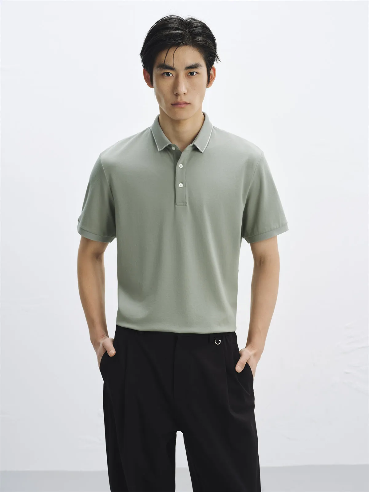 Men's Green Wrinkle-Free Polo Shirt with Contrast Trim sold by PEACEBIRD product image thumbnail 2