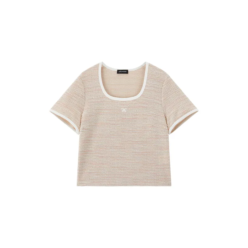 Women's Pink Tweed-Texture Square-Neck T-Shirt sold by PEACEBIRD