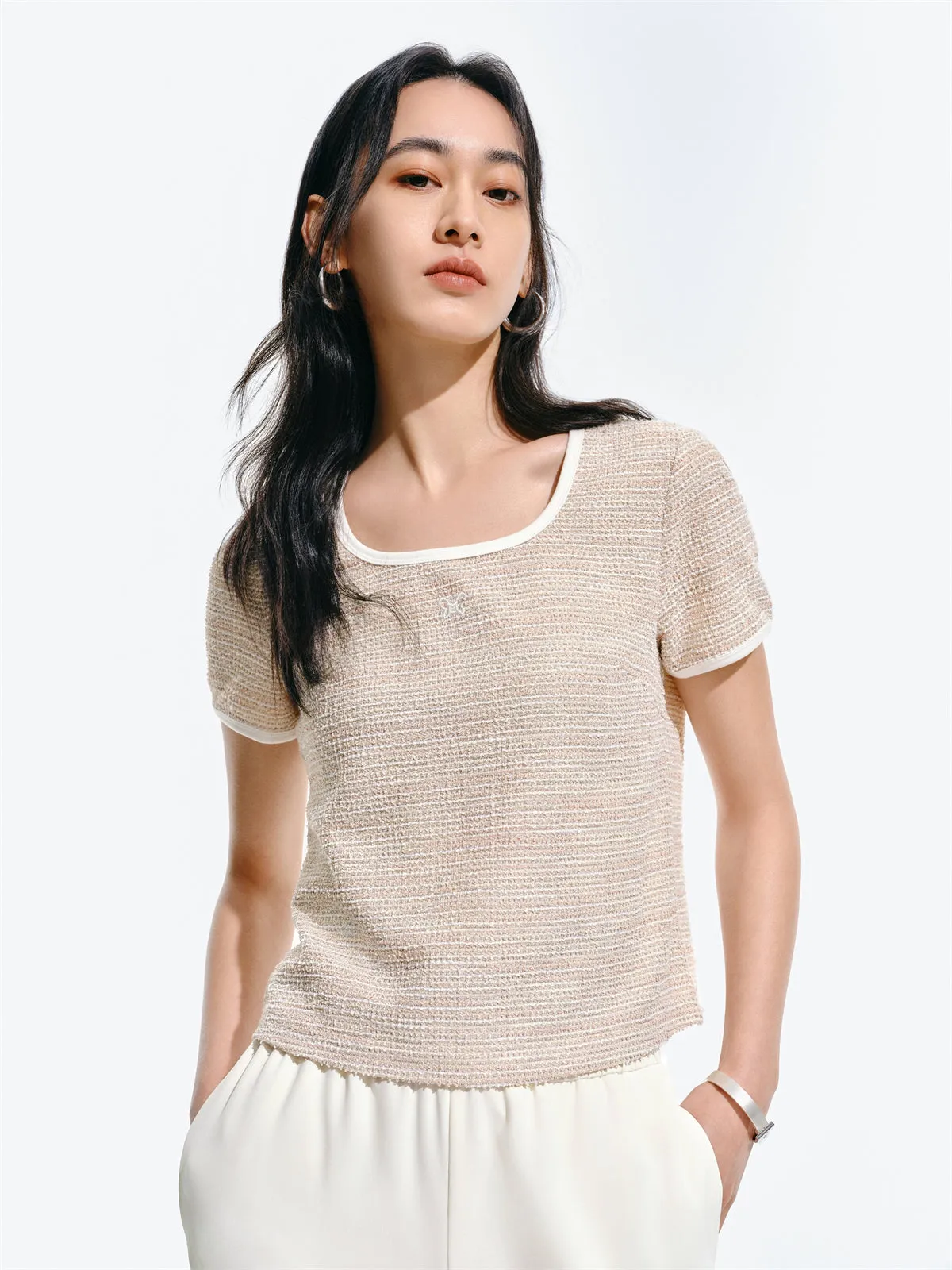 Women's Pink Tweed-Texture Square-Neck T-Shirt sold by PEACEBIRD product image thumbnail 2