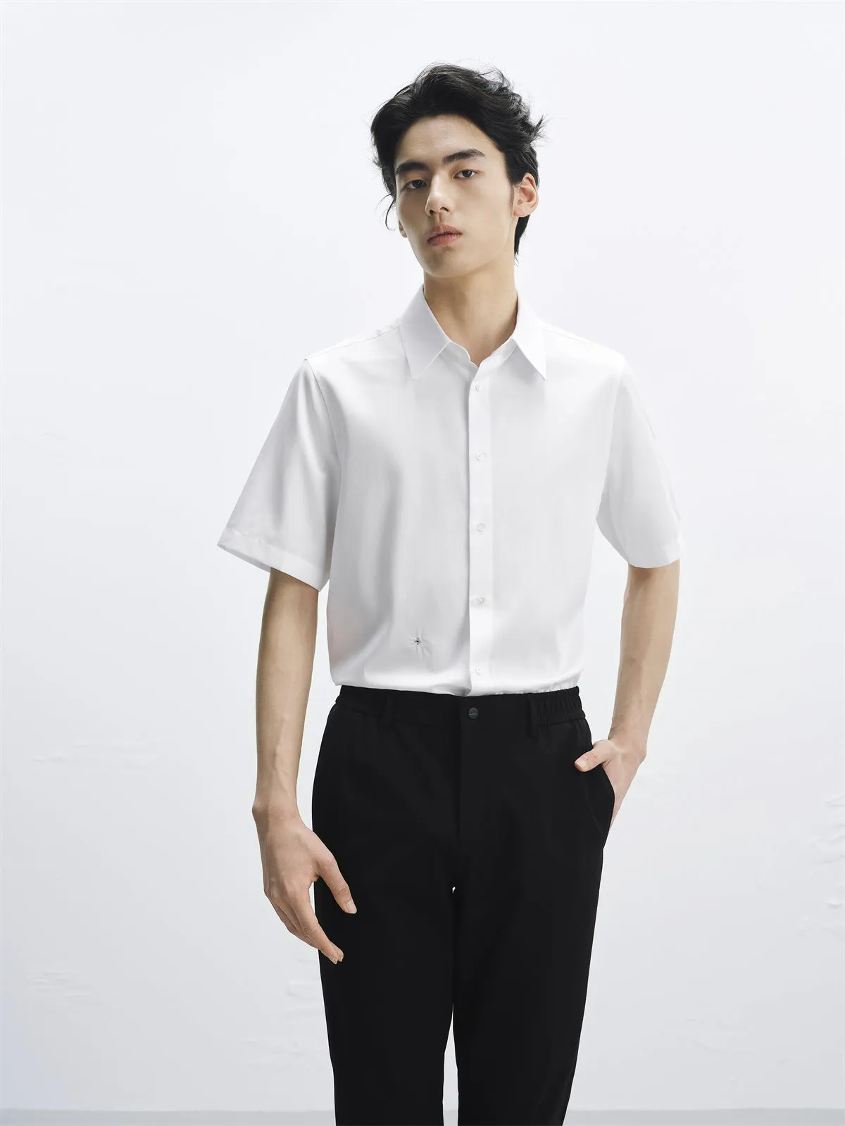Men's White Short-Sleeve Shirt with Rhinestone Detail sold by PEACEBIRD product image thumbnail 2