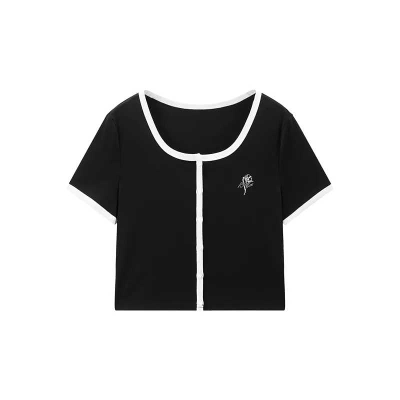 Women's U-Neck Contrast-Trim Cropped T-Shirt sold by PEACEBIRD
