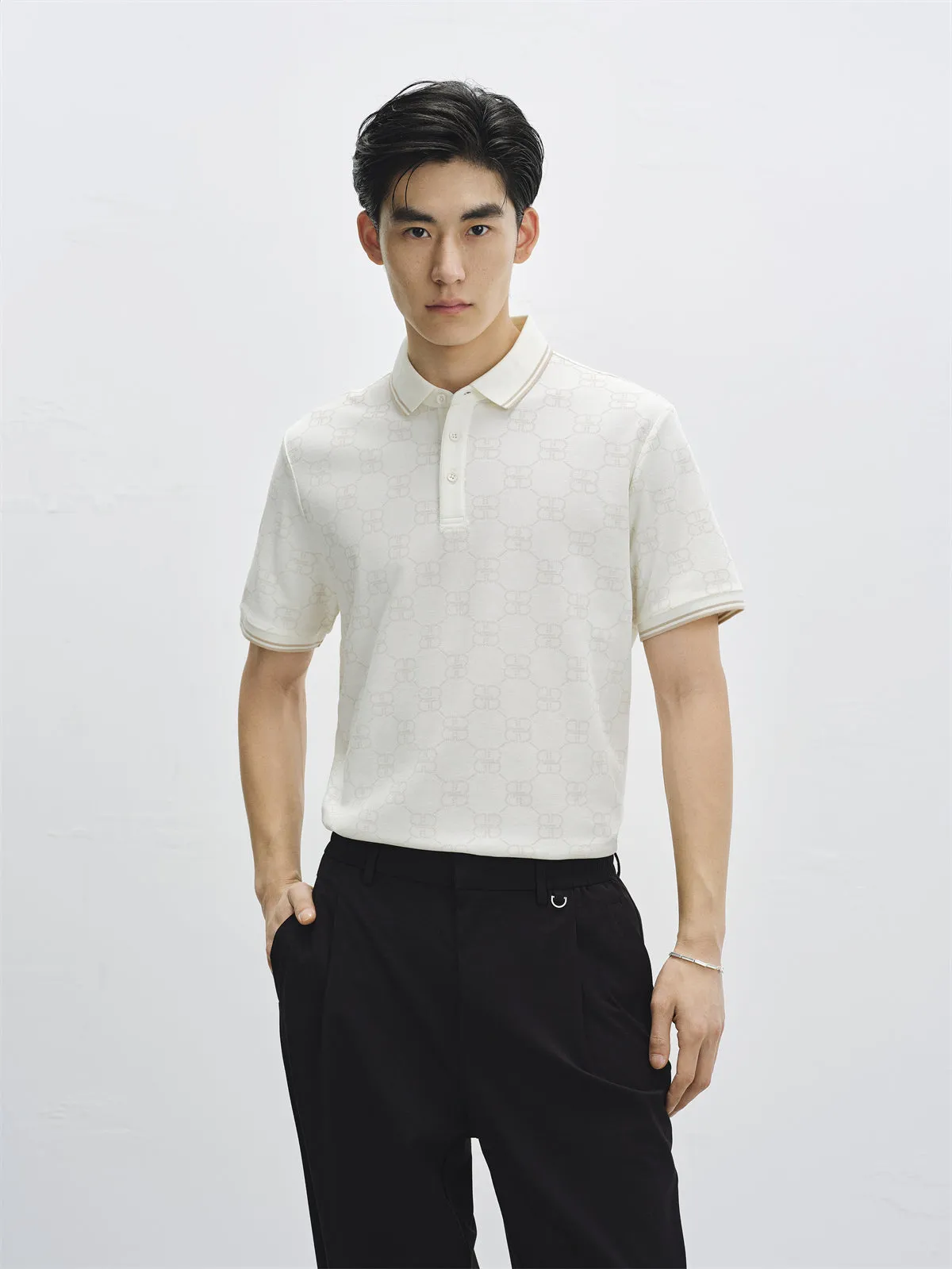 Men's Beige Allover Jacquard Sorona Cooling Polo Shirt sold by PEACEBIRD product image thumbnail 2