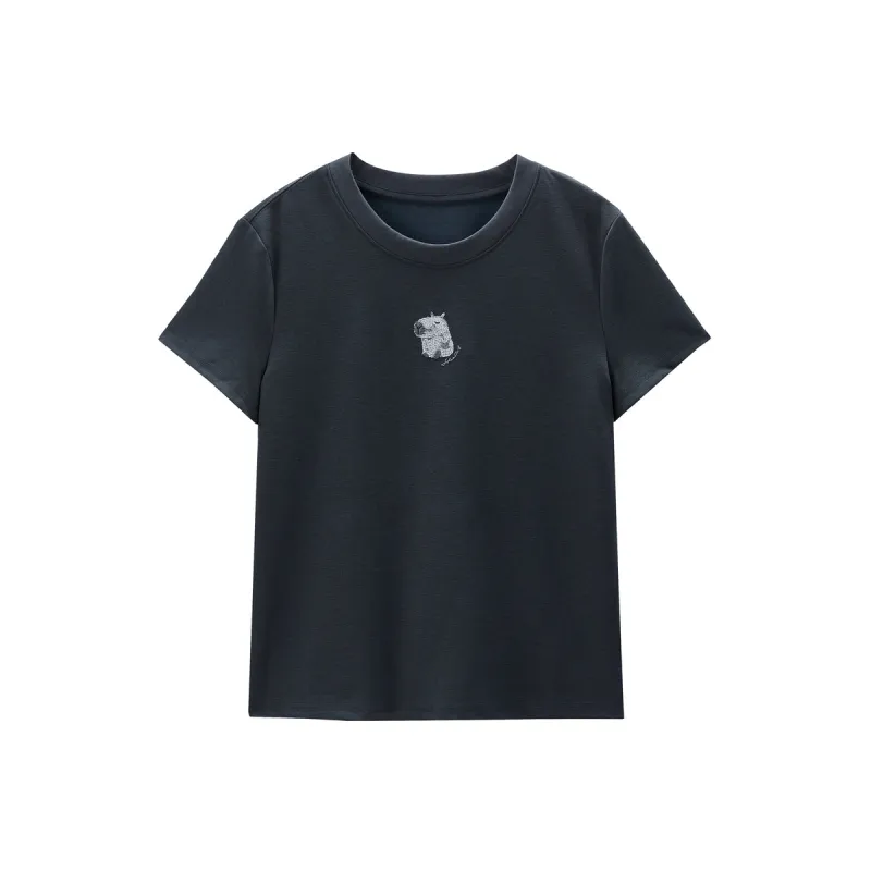 Women's Cartoon Embroidered T-Shirt in Linen Blend made by PEACEBIRD