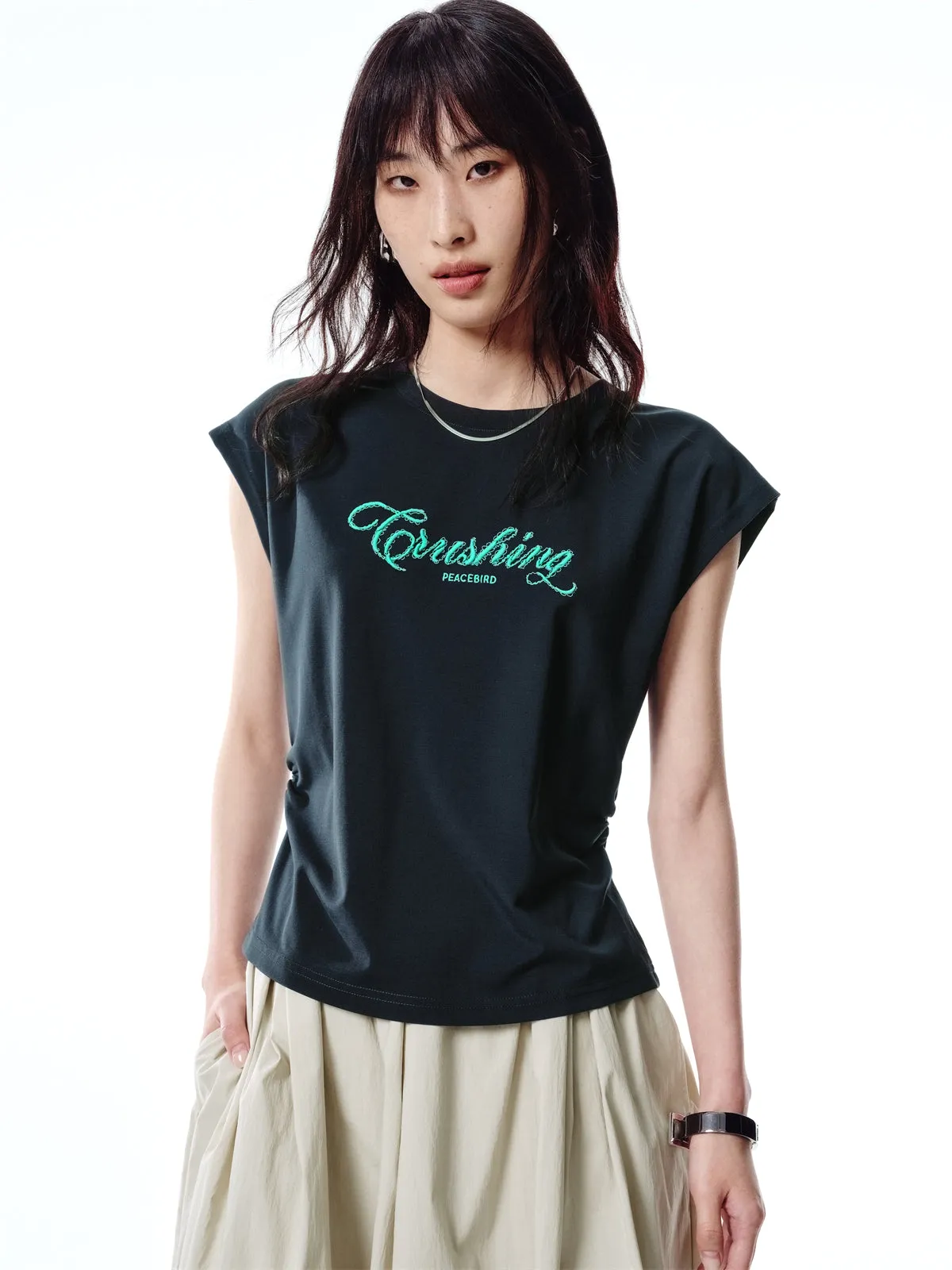 Women's Ruched Tank Top with 3D Embroidery sold by PEACEBIRD product image thumbnail 2