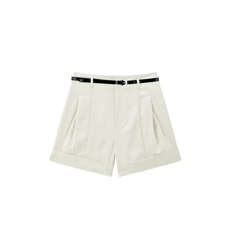 Women's High-Waisted Cuffed Shorts with Belt sold by PEACEBIRD