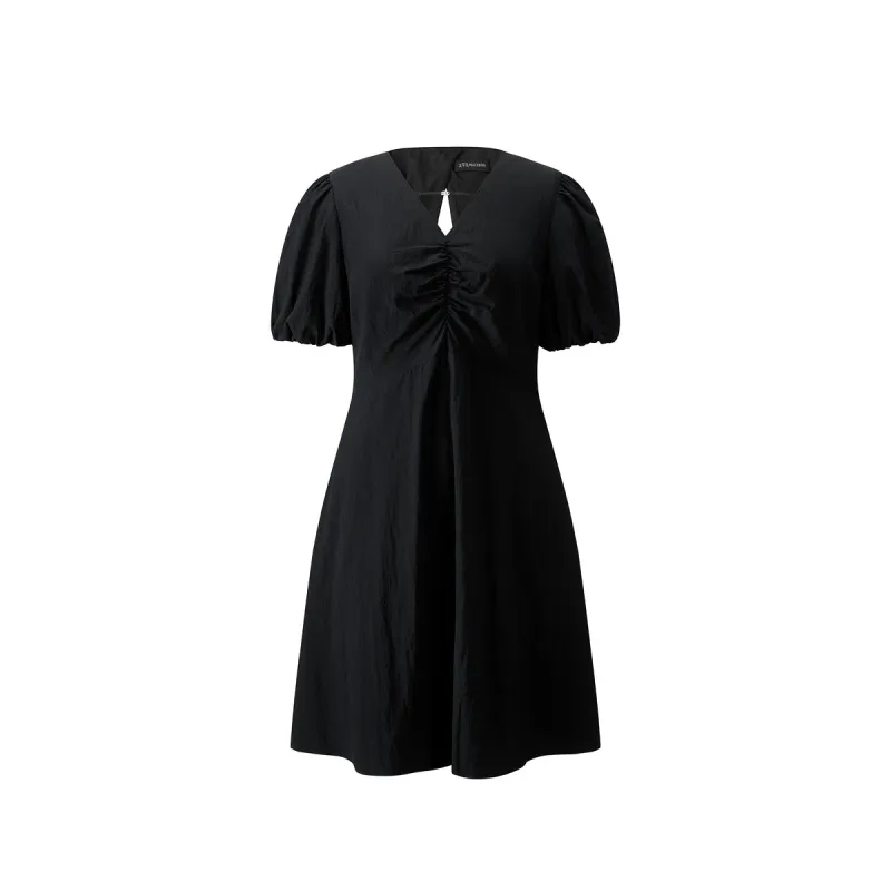 Women's Ruched V-Neck Dress with Back Cutout sold by PEACEBIRD