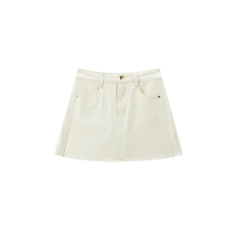 Women's Beige High-Waisted Denim Skort sold by PEACEBIRD