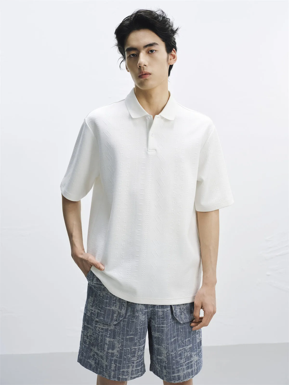Men's Solid Jacquard Polo Shirt sold by PEACEBIRD product image thumbnail 2