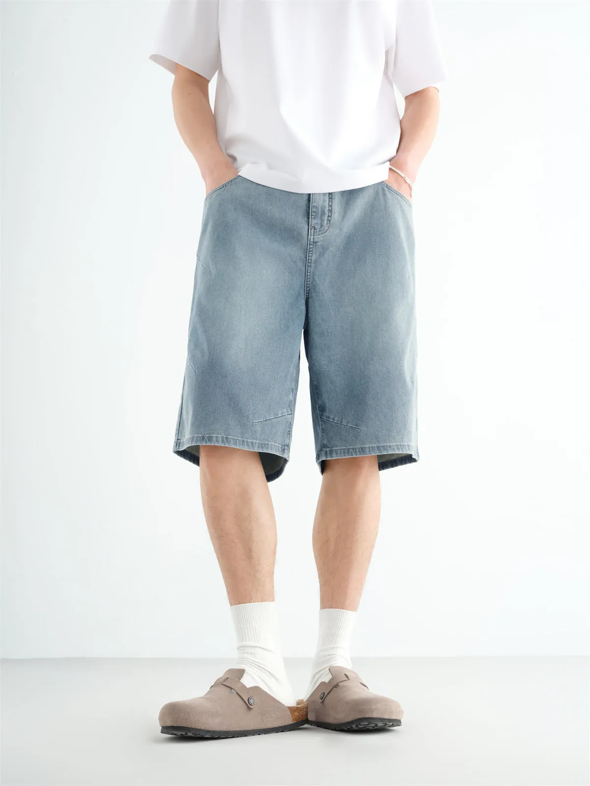 Men's Vintage Washed Straight-Leg Denim Shorts sold by PEACEBIRD product image thumbnail 2