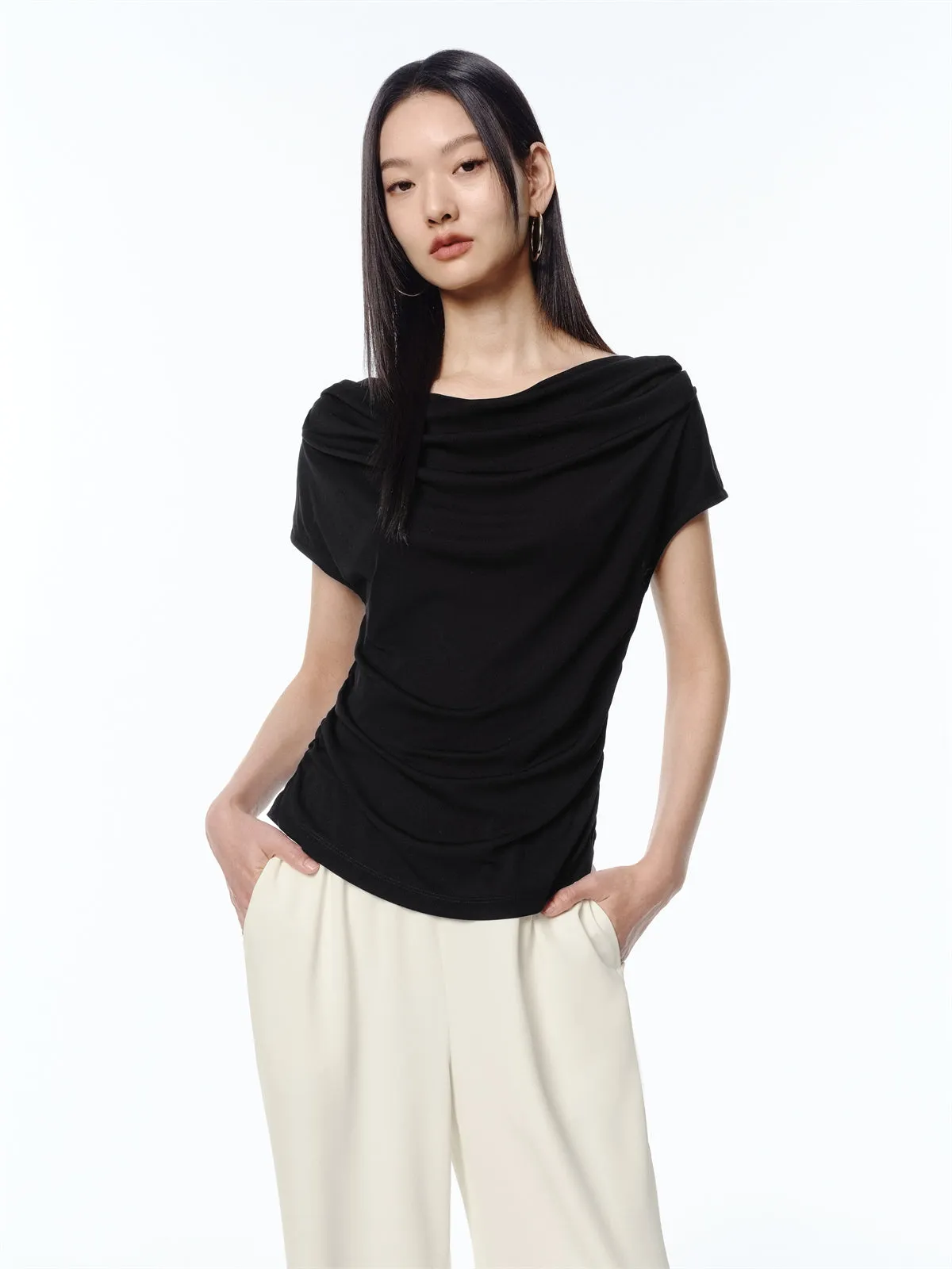 Women's Draped Neck Acetate Ruched T-Shirt sold by PEACEBIRD product image thumbnail 4