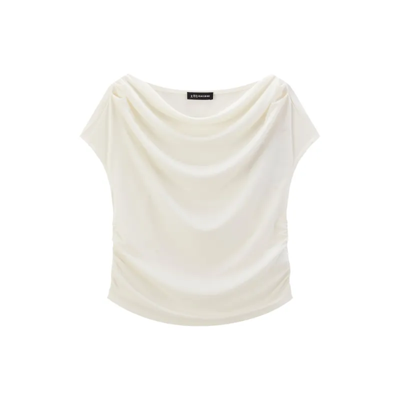 Women's Draped Neck Acetate Ruched T-Shirt sold by PEACEBIRD