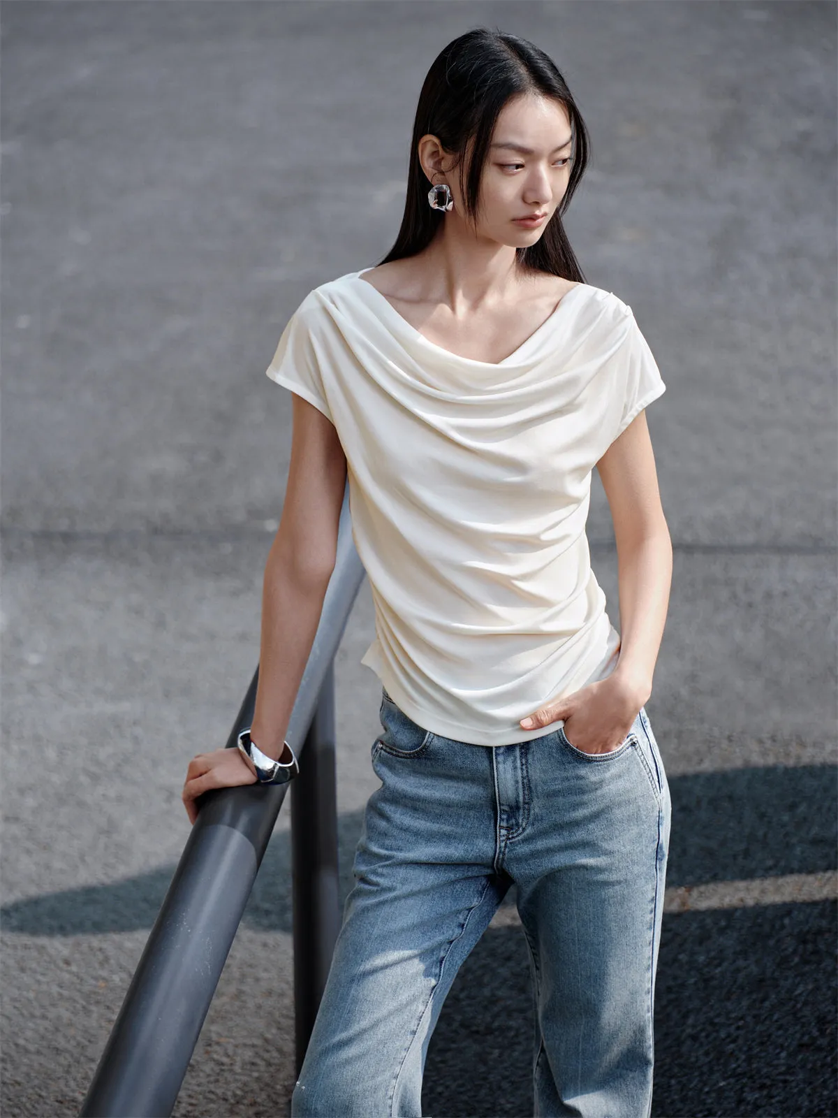 Women's Draped Neck Acetate Ruched T-Shirt sold by PEACEBIRD product image thumbnail 3