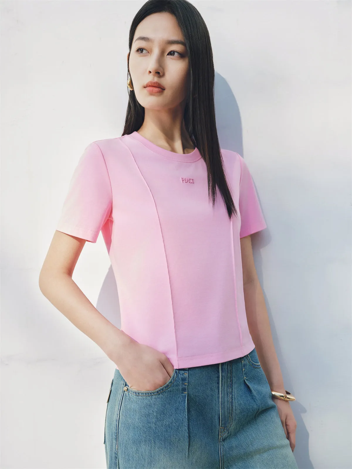 Women's Slim-Fit Tencel T-Shirt with Embroidery sold by PEACEBIRD product image thumbnail 3