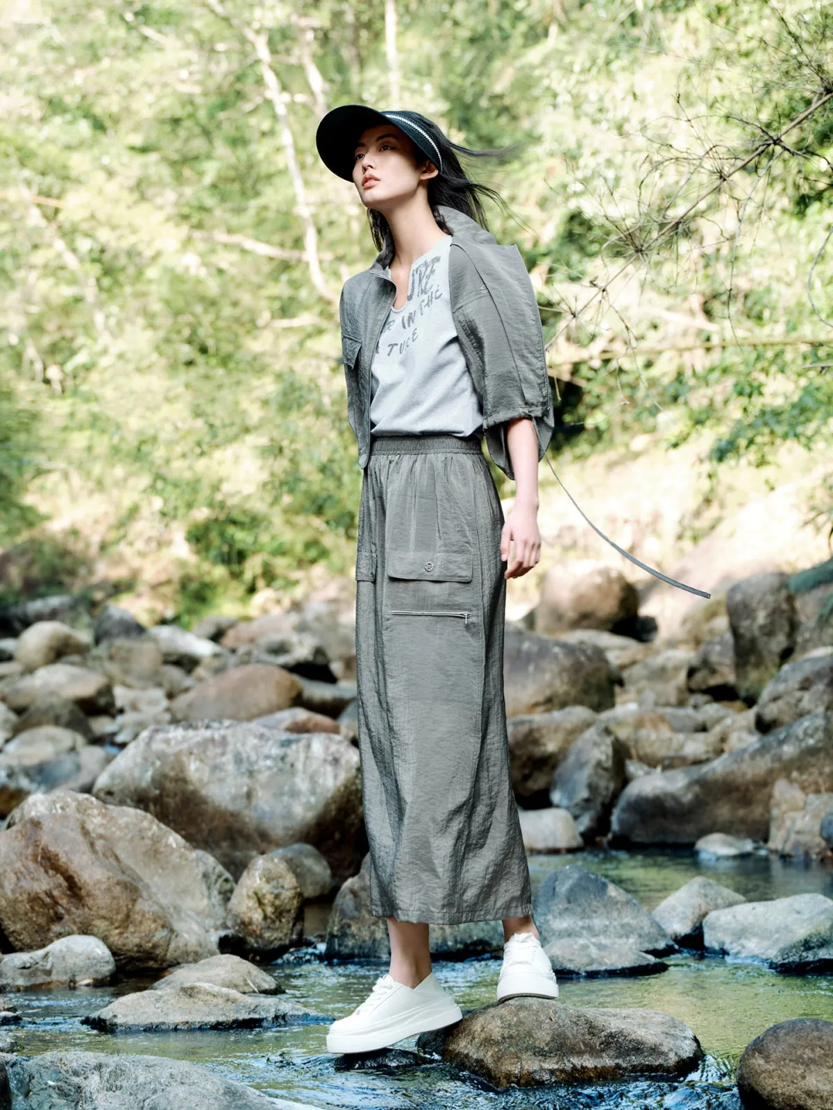 Women's High-Waisted Acetate Utility Skirt sold by PEACEBIRD product image thumbnail 2