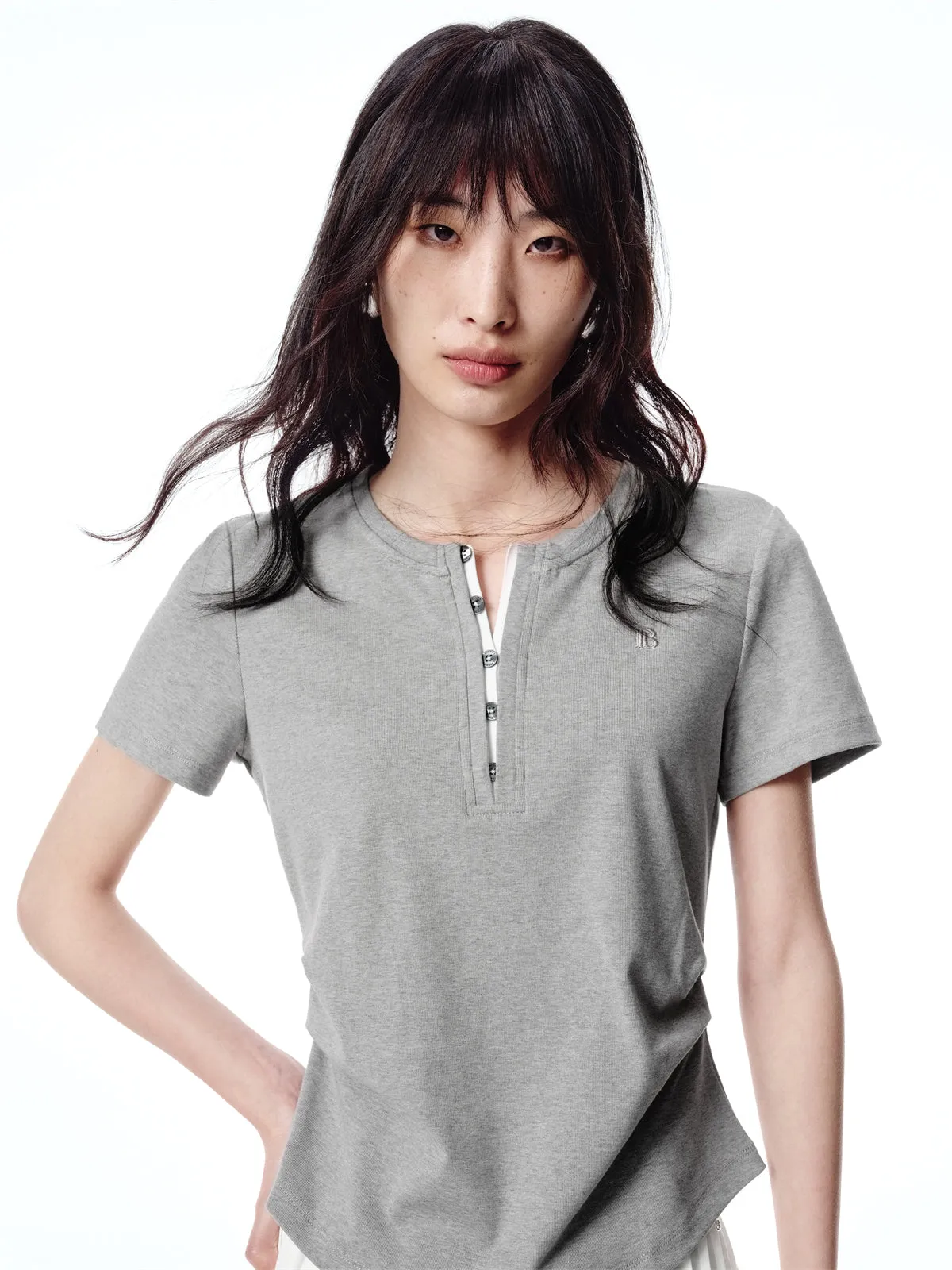 Women's Pleated T-Shirt with Henley Collar sold by PEACEBIRD product image thumbnail 2