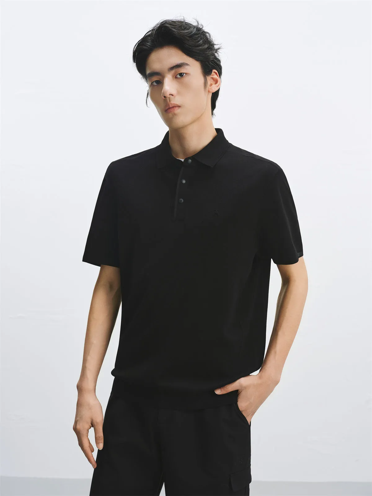 Men's Solid Knit Pullover with Logo Patch and Polo Collar sold by PEACEBIRD product image thumbnail 2