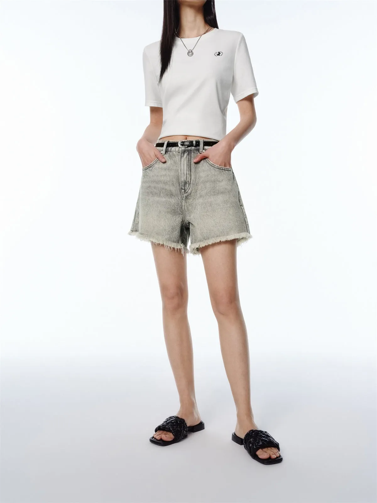 Women's Vintage-Washed Frayed Denim Shorts sold by PEACEBIRD product image thumbnail 2
