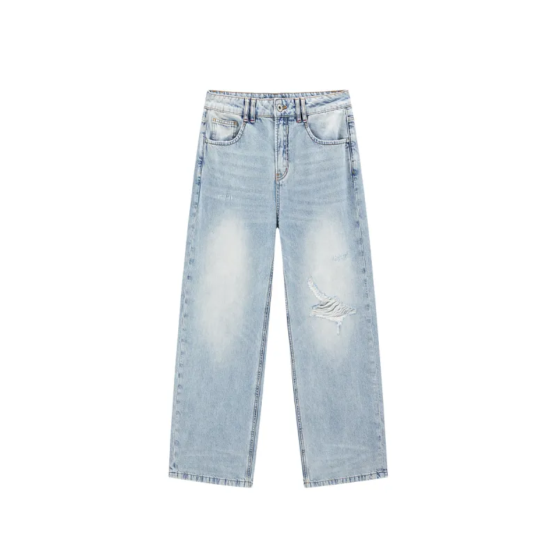 Women's Distressed Straight-Leg Jeans sold by PEACEBIRD