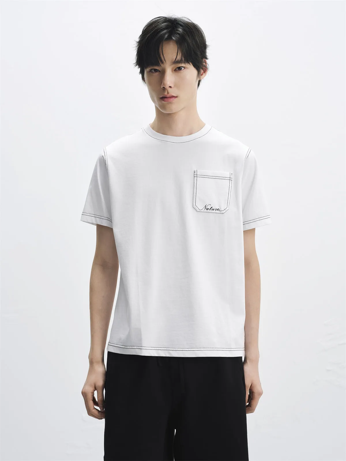 Men's Embroidered T-Shirt with Contrast Stitching sold by PEACEBIRD product image thumbnail 2