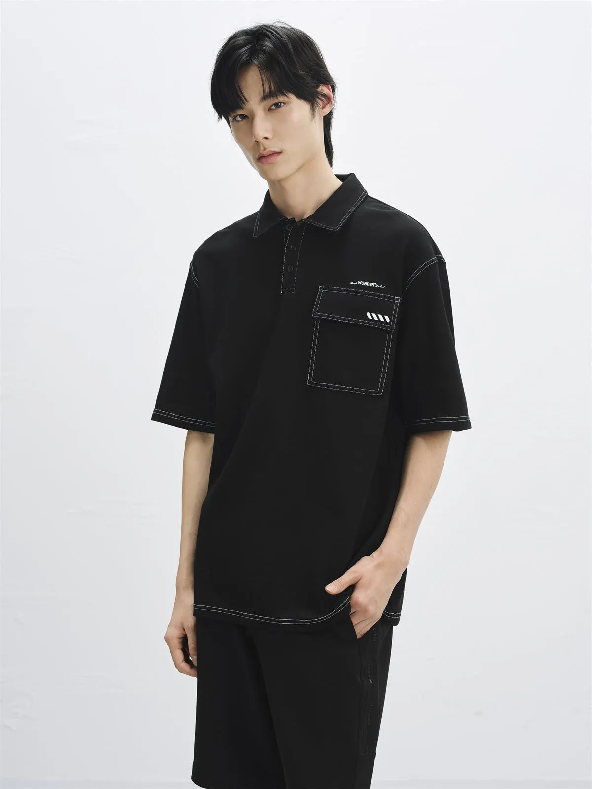 Men's Letter Embroidered Polo Shirt with Contrast Stitching sold by PEACEBIRD product image thumbnail 2
