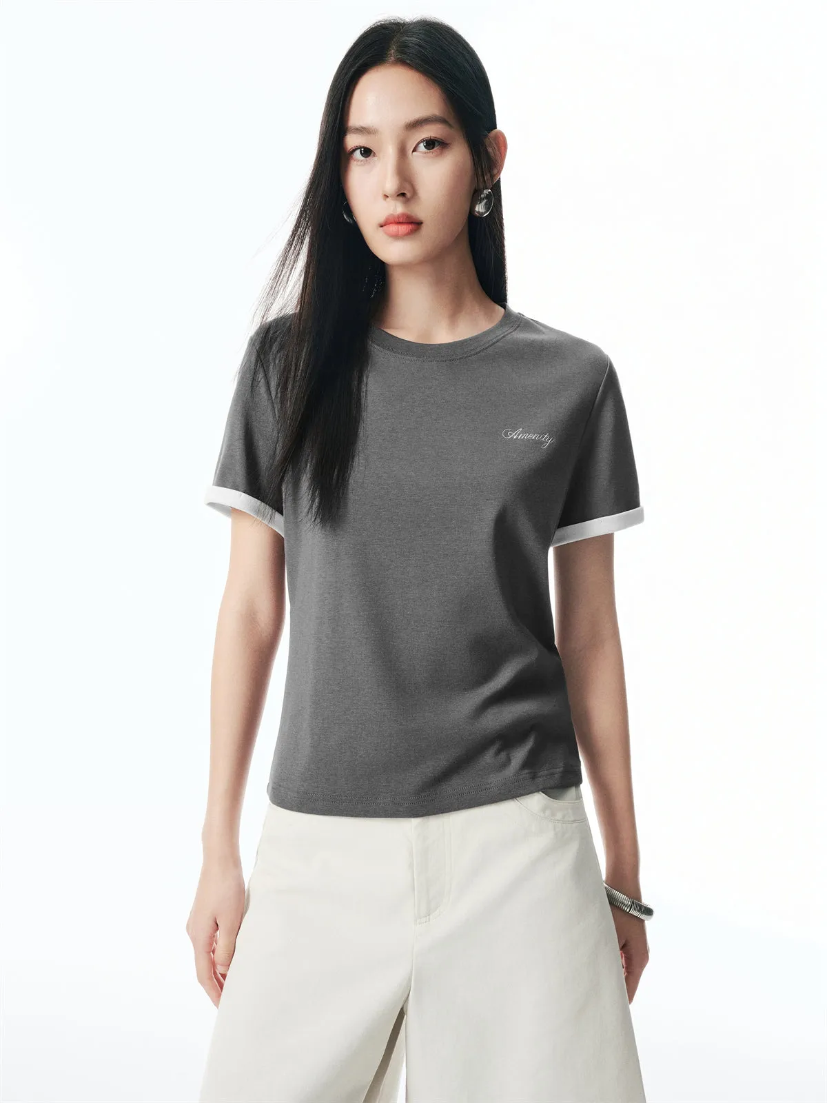 Women's Contrast Trim Embroidered T-Shirt sold by PEACEBIRD product image thumbnail 4