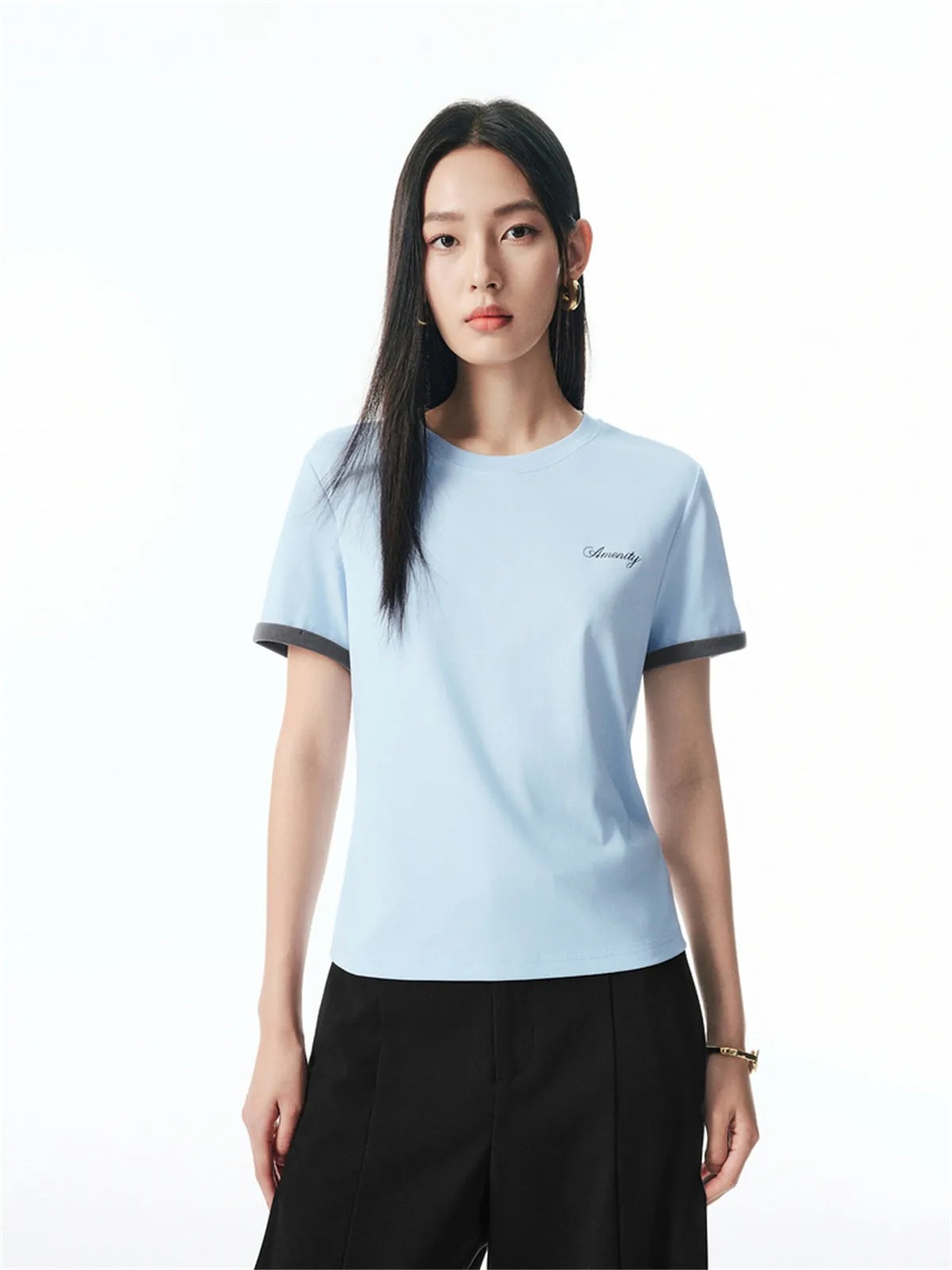 Women's Contrast Trim Embroidered T-Shirt sold by PEACEBIRD product image thumbnail 3