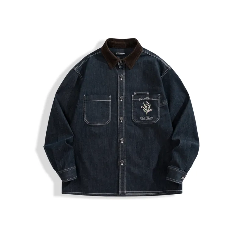 Men's Embroidered Shirt with Corduroy Panels sold by PEACEBIRD