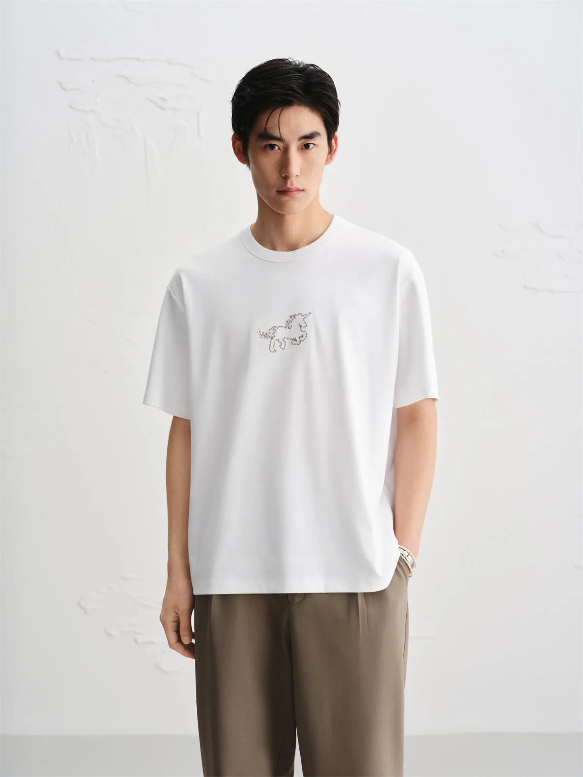Men's Stretch T-Shirt with Unicorn Embroidery sold by PEACEBIRD product image thumbnail 2