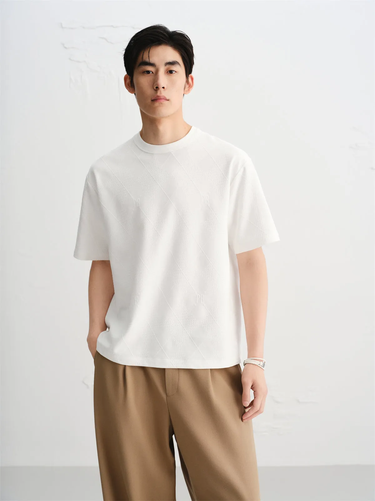 Men's Solid Allover Jacquard T-Shirt sold by PEACEBIRD product image thumbnail 2