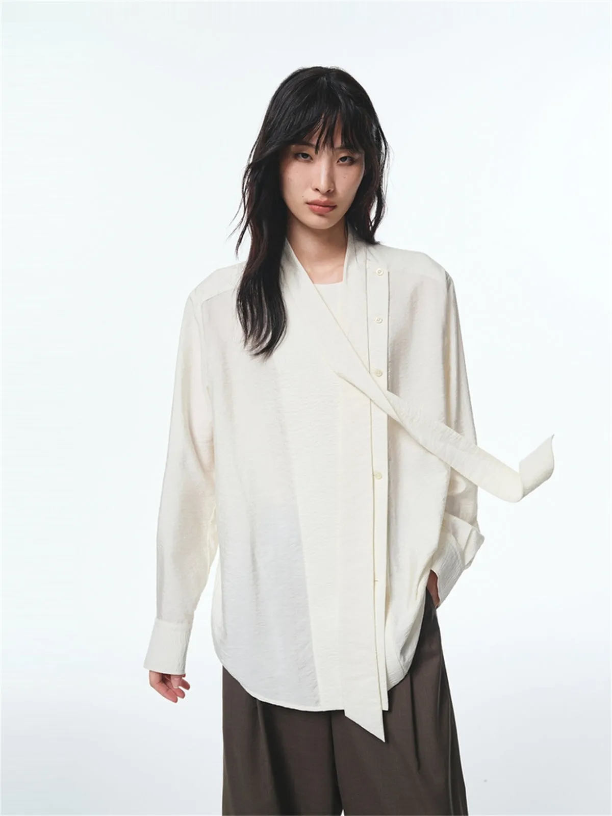 Women's Textured Shirt with Flowing Neck Tie sold by PEACEBIRD product image thumbnail 2