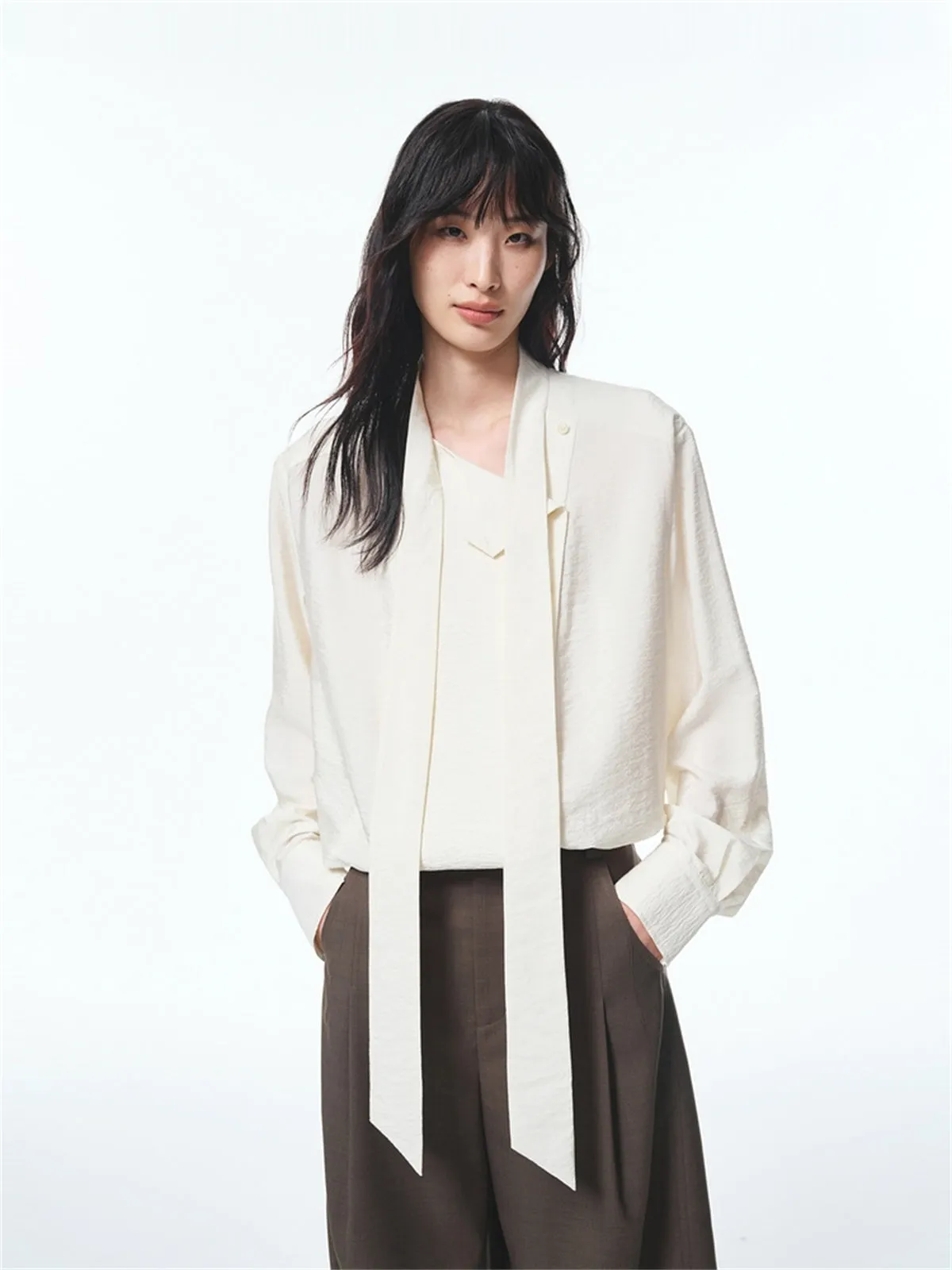 Women's Textured Shirt with Flowing Neck Tie sold by PEACEBIRD product image thumbnail 3