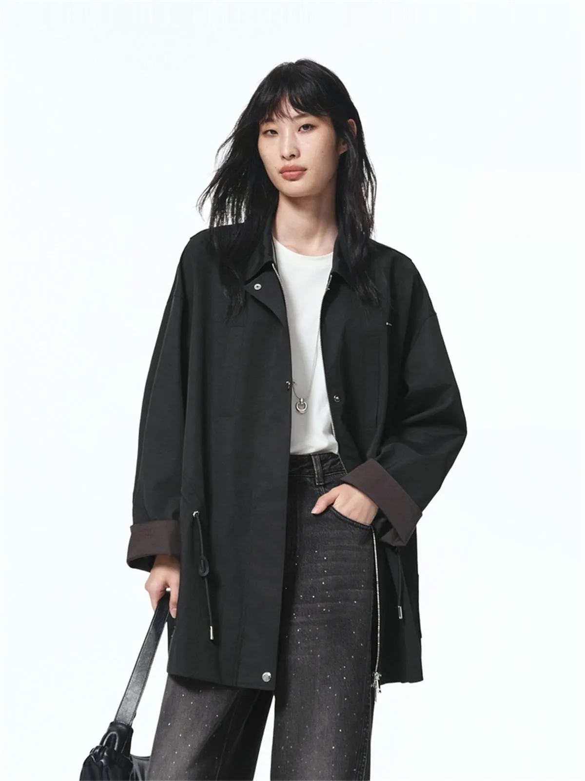 Women's Relaxed Fit Long Drawstring Jacket sold by PEACEBIRD product image thumbnail 2