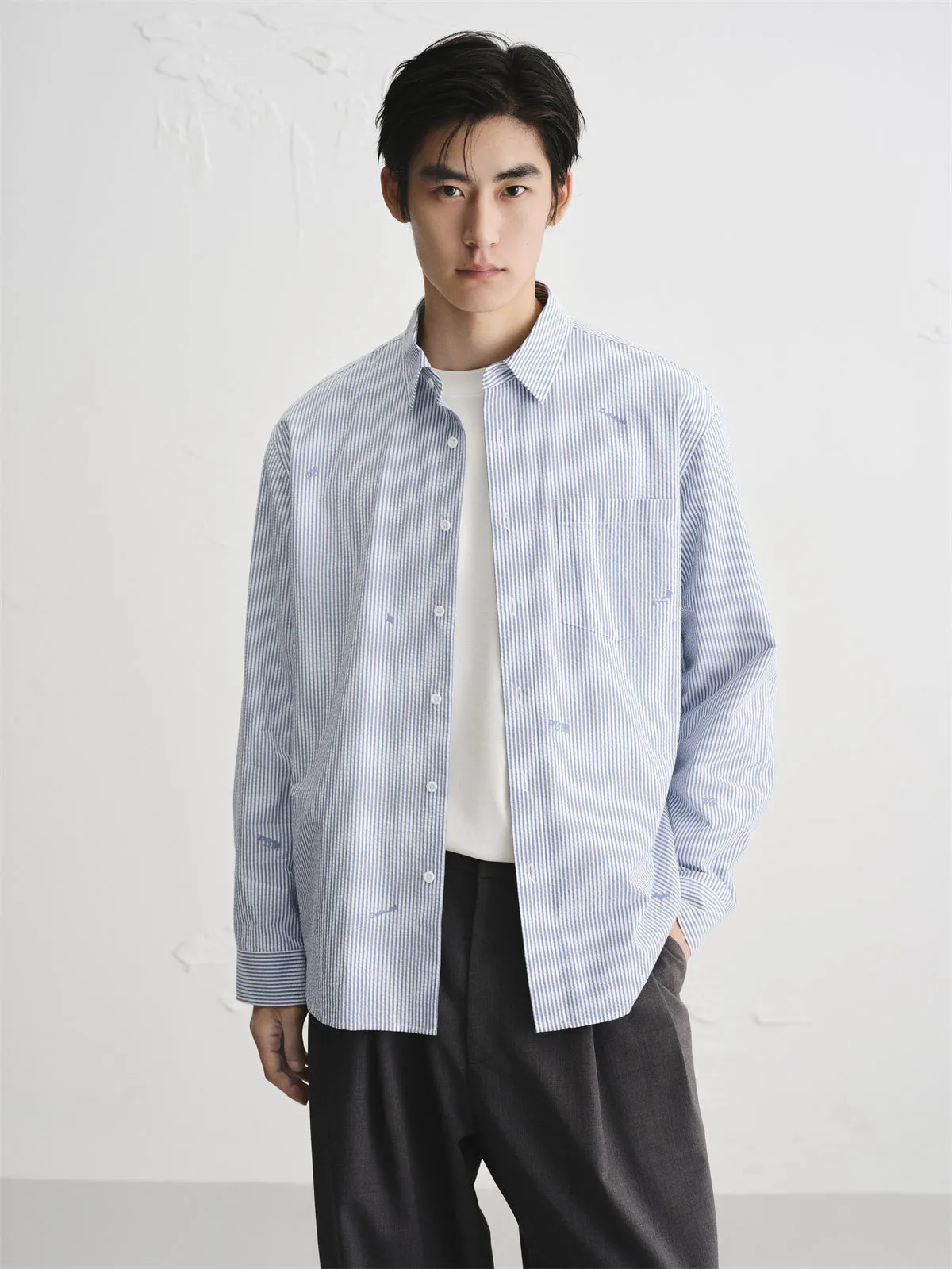 Men's Seersucker Striped Shirt sold by PEACEBIRD product image thumbnail 2