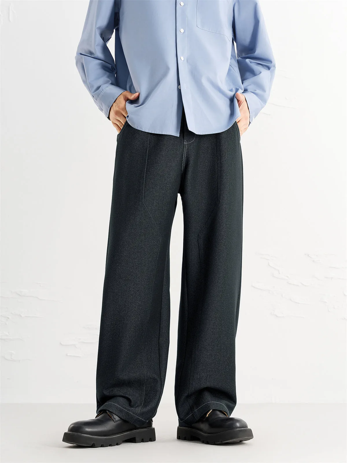 Men's Vintage Contrast-Stitched Wide-Leg Faux Denim Pants sold by PEACEBIRD product image thumbnail 2