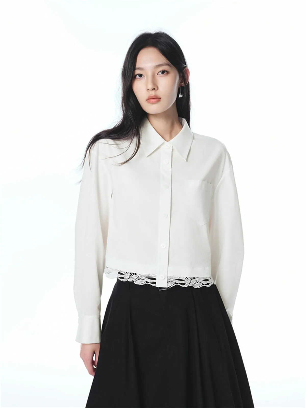 Women's Cropped Shirt with Lace Panels sold by PEACEBIRD product image thumbnail 2