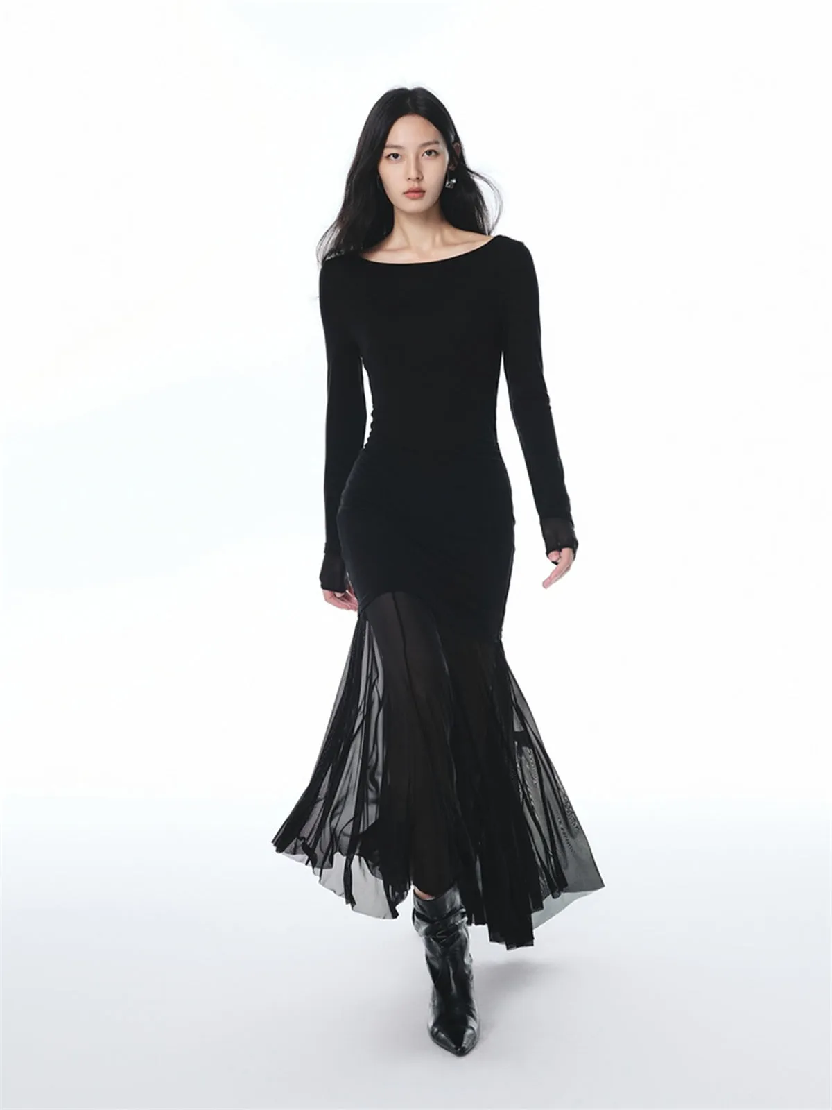 Women's Wool Blend Knit Dress with Mesh Panels sold by PEACEBIRD product image thumbnail 2