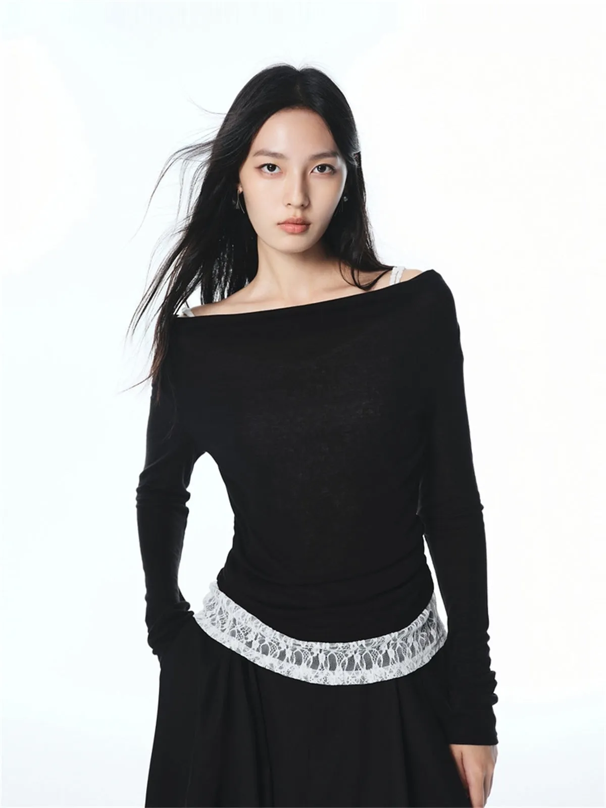 Women's Off-Shoulder Cowl Neck T-Shirt with Lace Trim sold by PEACEBIRD product image thumbnail 2