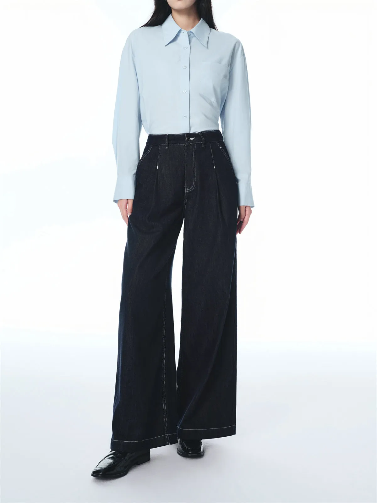 Women's Contrast-Stitched Wide-Leg Jeans sold by PEACEBIRD product image thumbnail 2