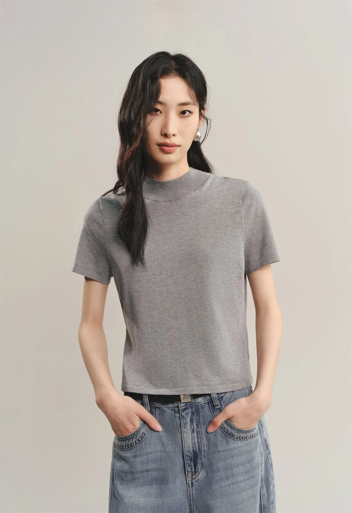 Women's Acetate Short-Sleeve Half Turtleneck Knit Top sold by PEACEBIRD product image thumbnail 2