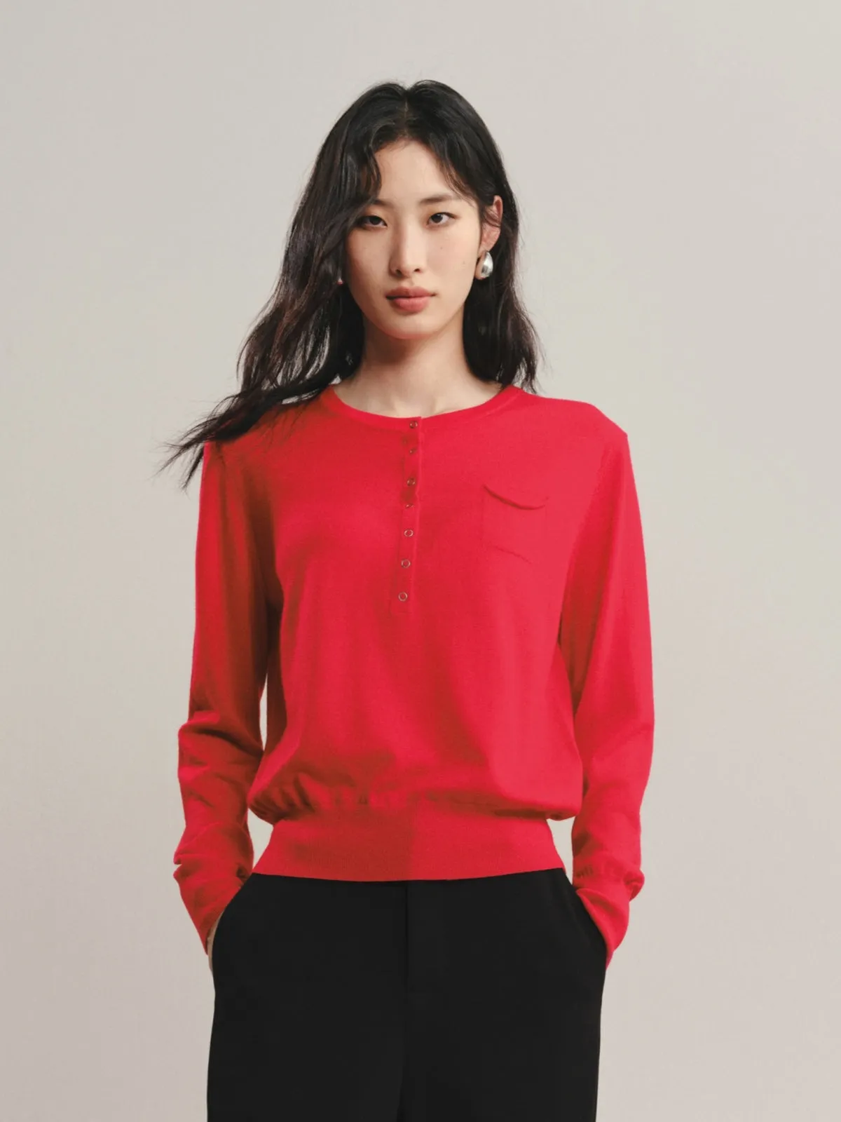Women's Machine-Washable Wool Henley Sweater sold by PEACEBIRD product image thumbnail 2