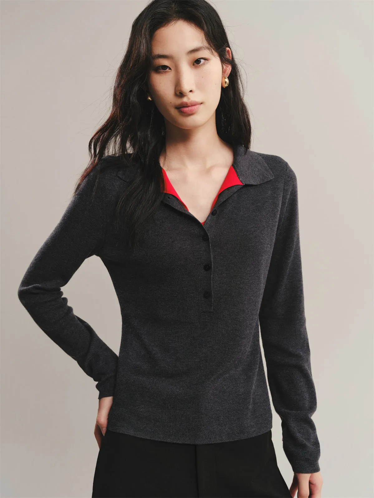 Women's Contrast Half-Placket Slim Sweater sold by PEACEBIRD product image thumbnail 2