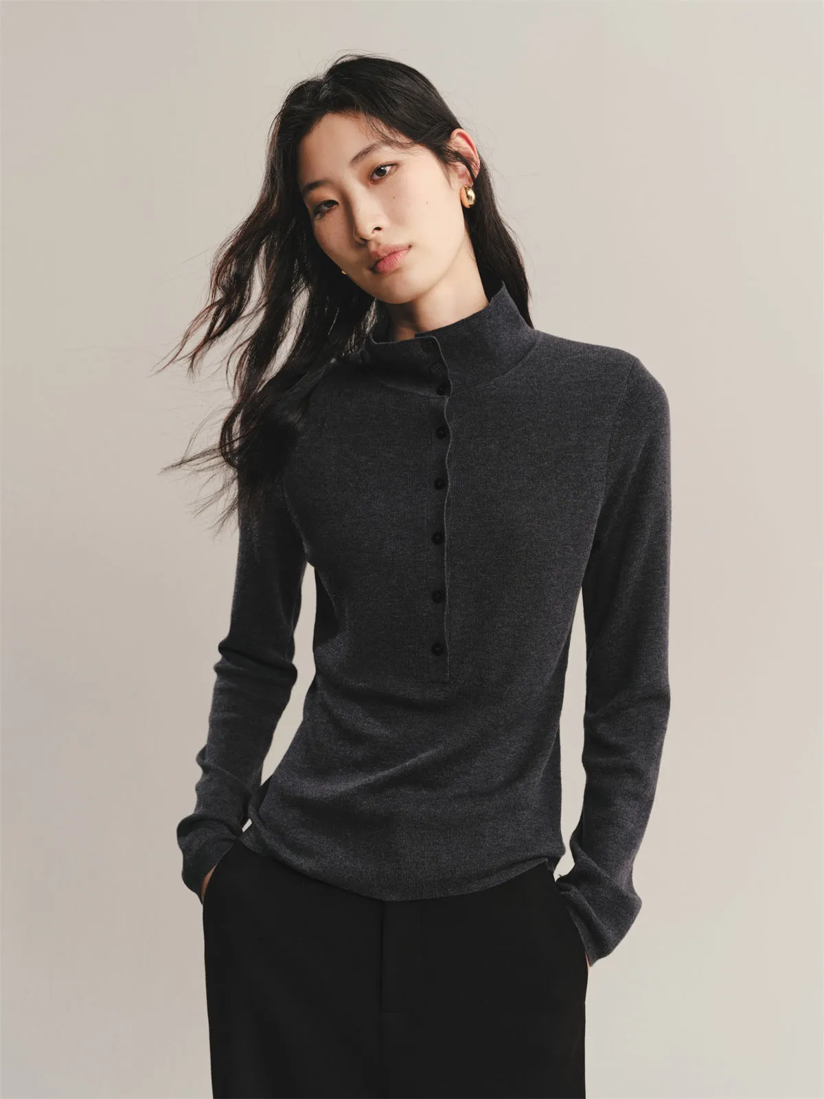 Women's Contrast Half-Placket Slim Sweater sold by PEACEBIRD product image thumbnail 3