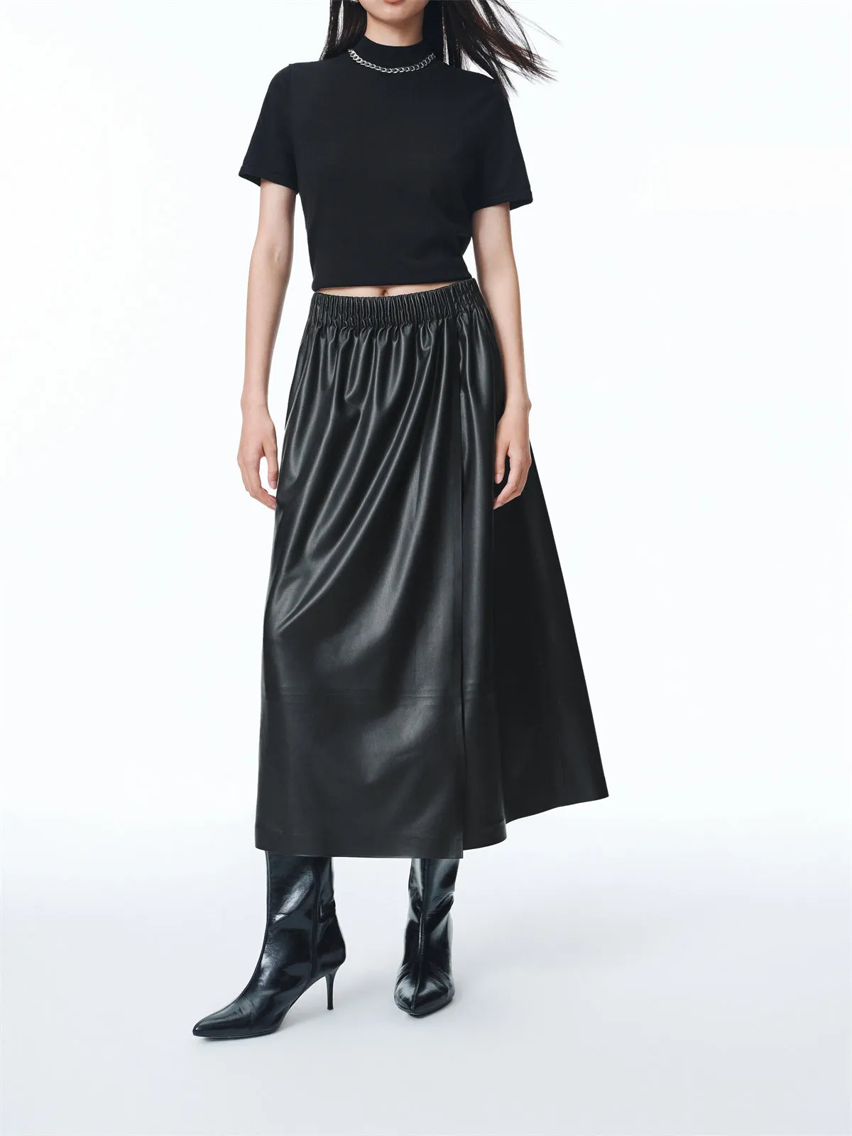 Women's PU Mid-Length Skirt with Elastic Waist sold by PEACEBIRD product image thumbnail 2
