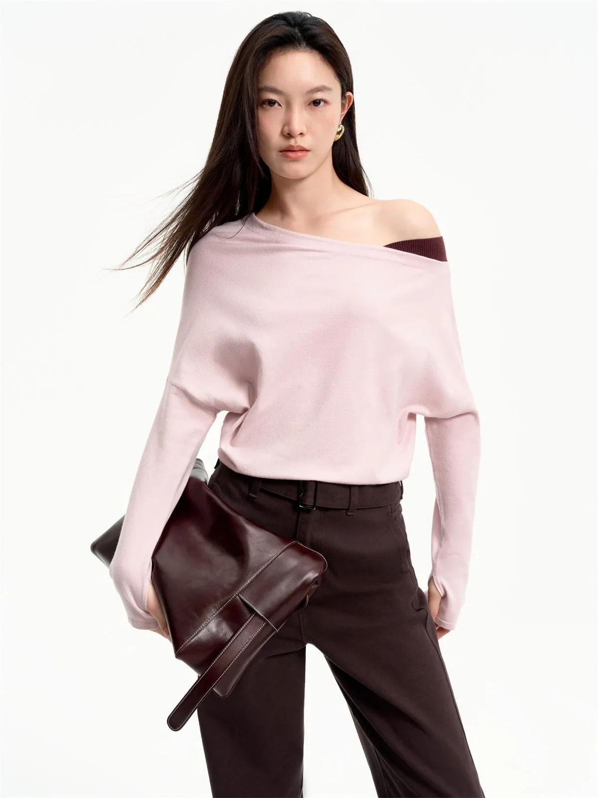 Women's Asymmetric Colorblock Collar Knit Sweater sold by PEACEBIRD product image thumbnail 2