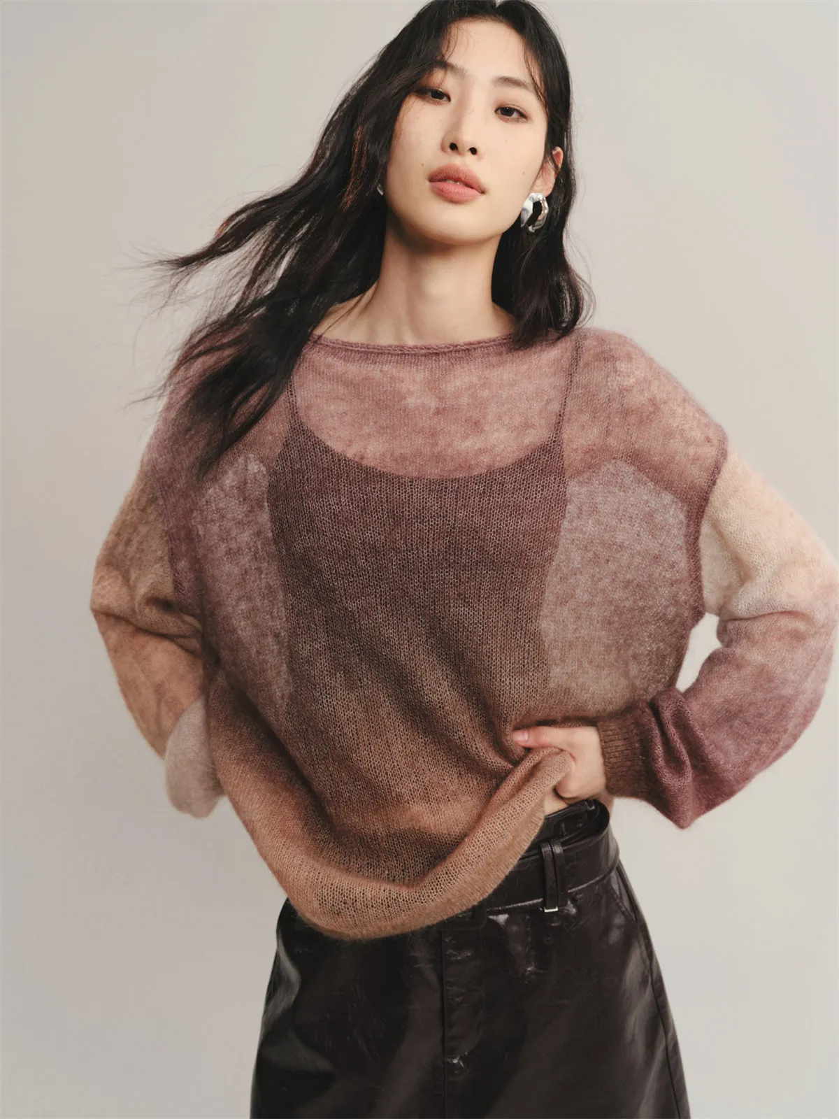 Women's Ombre Mohair Lantern-Sleeve Sweater sold by PEACEBIRD product image thumbnail 2